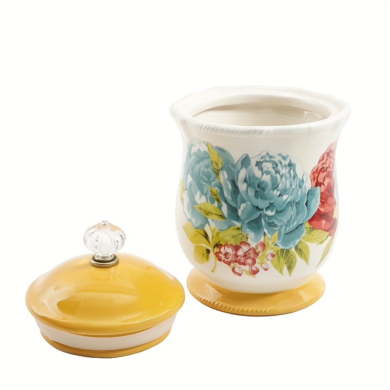 

8.75'' Floral Stoneware Canister With Acrylic Knob - Vibrant Teal And Red Design
