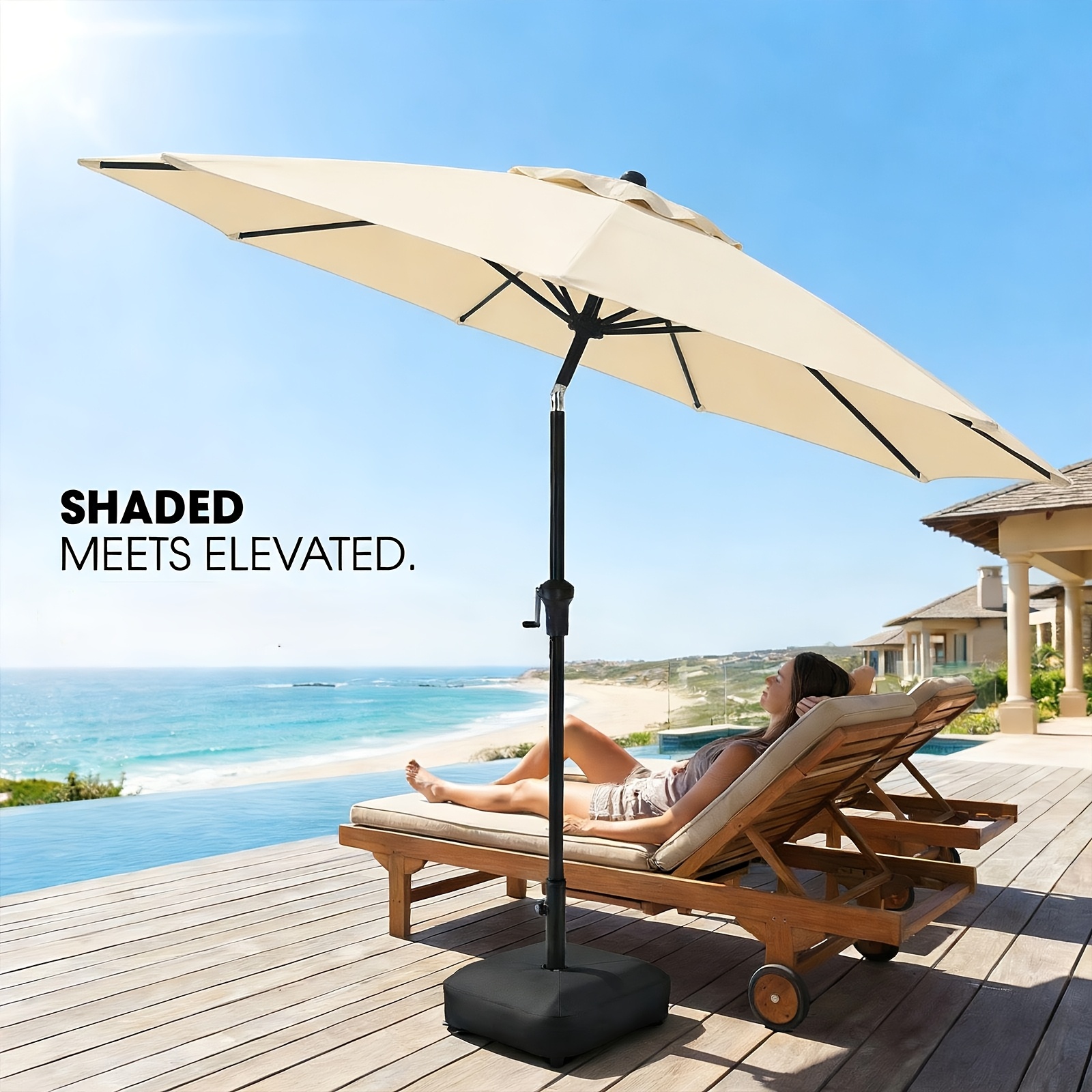 [9ft Polyester Patio Umbrella] 9ft Polyester Patio Umbrella with Base | Outdoor Market Umbrella with Ventilation, Suitable for Pool, Garden, Backyard, Deck, Christmas & Halloween