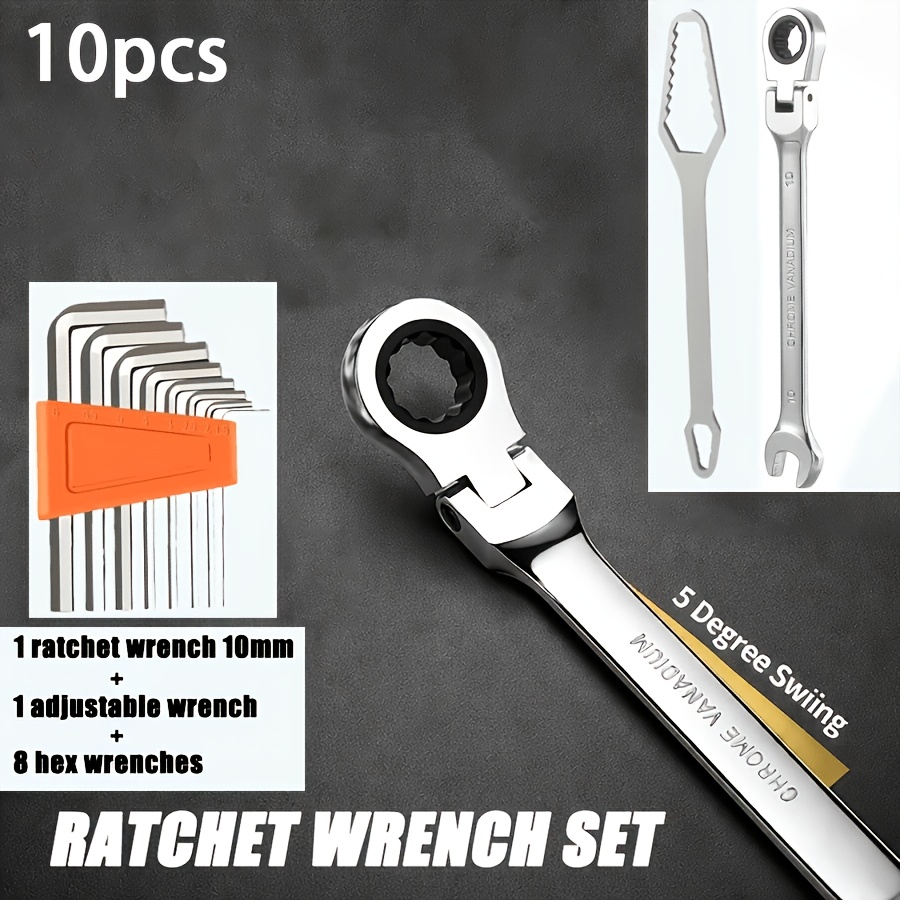 TEMU 10pcs Ratchet Wrench Tool Set, Combination Swivel Head Wrench, 180-degree Rotating Dual-use Head, With Reversible Adjustable Torque Function,