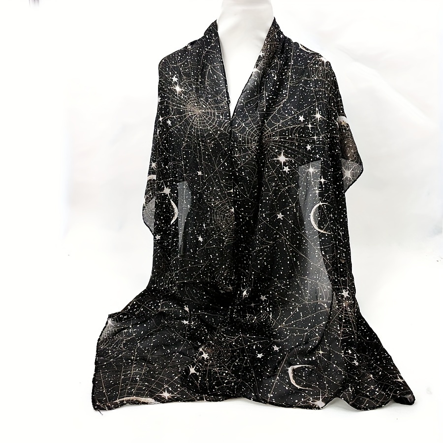 

Boho Style Black Scarf With Stars And Print, Polyester 100% Lightweight Sheer Shawl, Breathable And Windproof, Hand Washable, Decorative And Versatile For