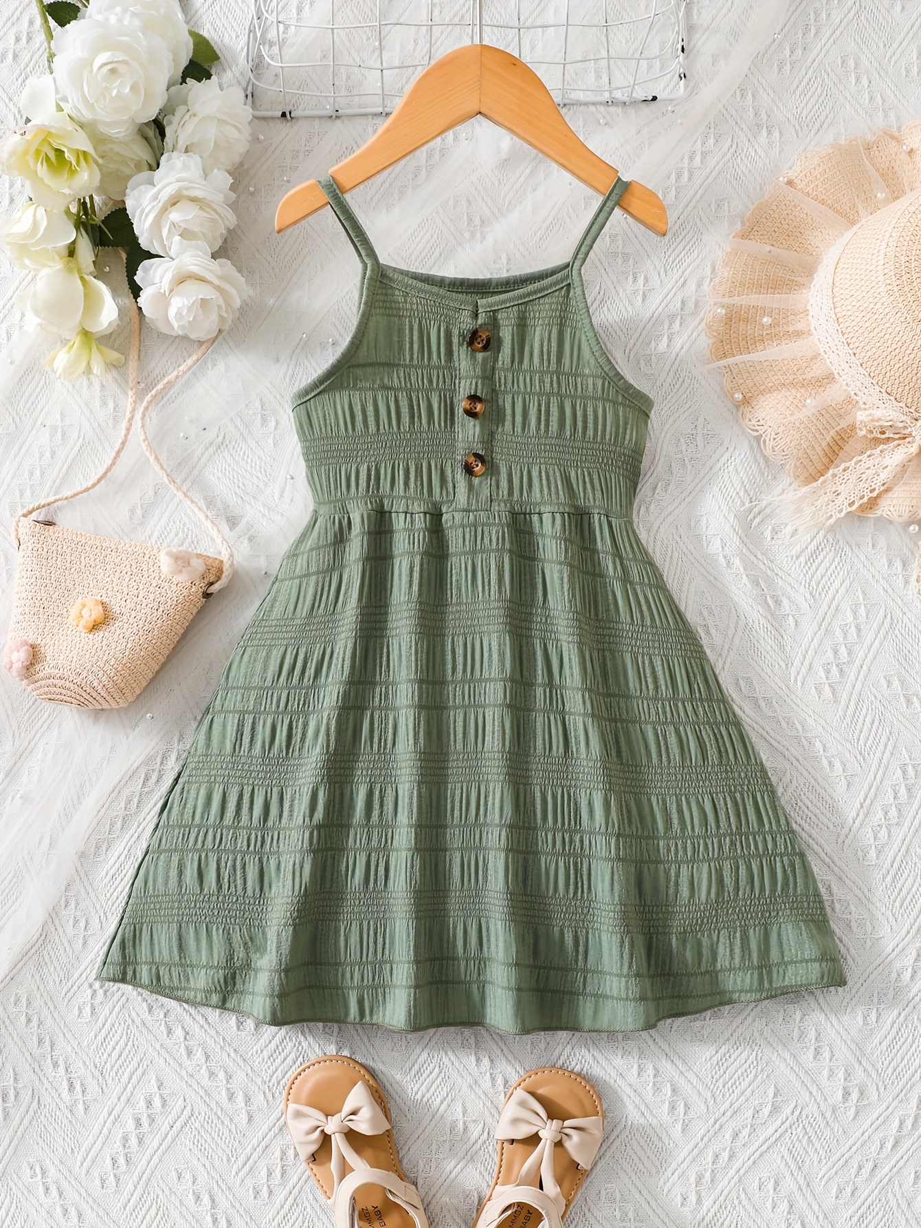 summer dress with thin straps and solid color   with buttons for