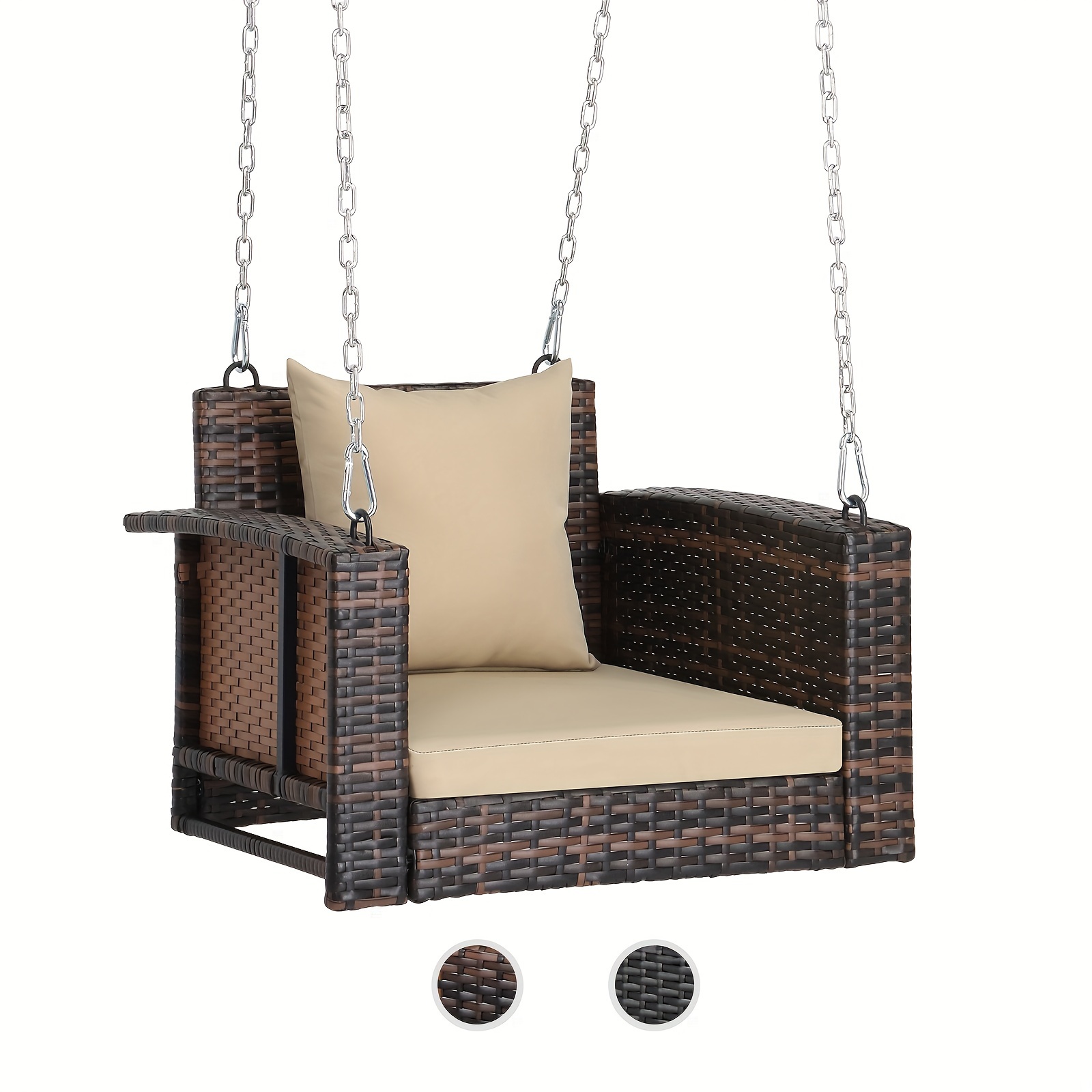 

Outdoor Wicker Swing Chair, Single Person Hanging Seat Outdoor Rattan Porch With Back & Seat Cushions And Metal Chains For Porch Backyard Lawn Garden, Brown/black