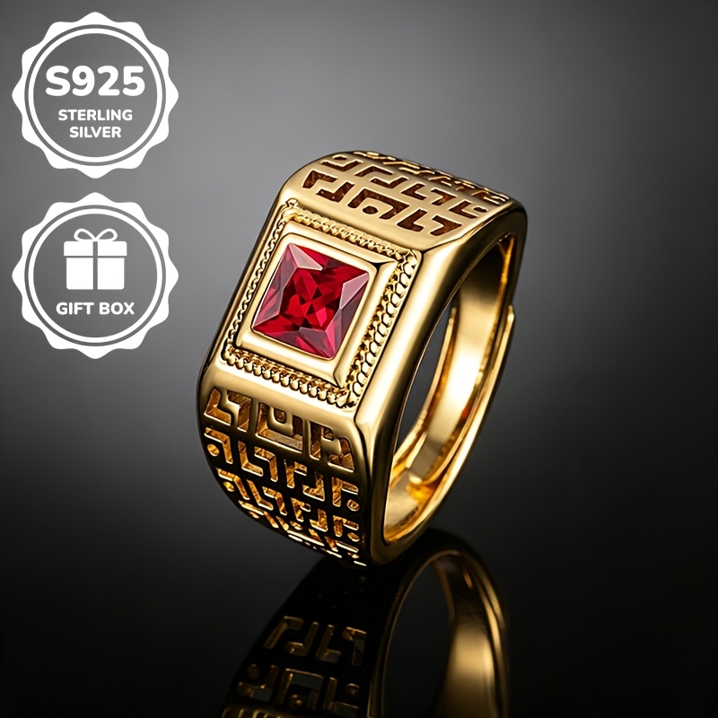 Image of 1pc S925 925 Silver Fashionable Retro Hollow Red Synthetic Synthetic Synthetic Zircon​​ Ring, Unisex, Open Adjustable, High-quality Jewelry, Suitable For Daily Casual And Business Occasions