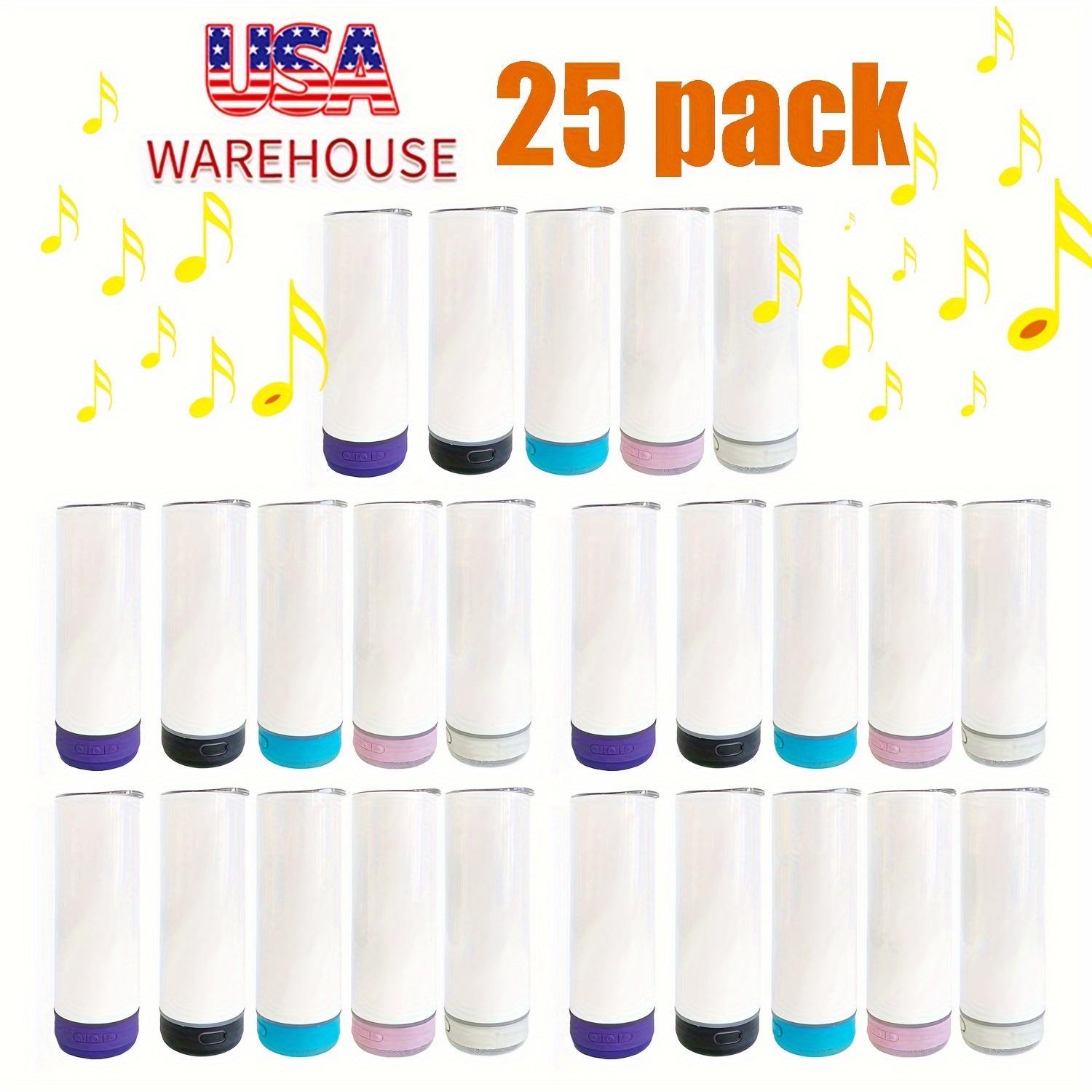 

25pack Usa Warehouse Free Shipping White Blank Sublimation Player 20oz Skinny Straight , Blank Sublimation 20oz Music Travel Coffee Mugs, 20oz Rechargeable Speaker Coffee Cups With Straw