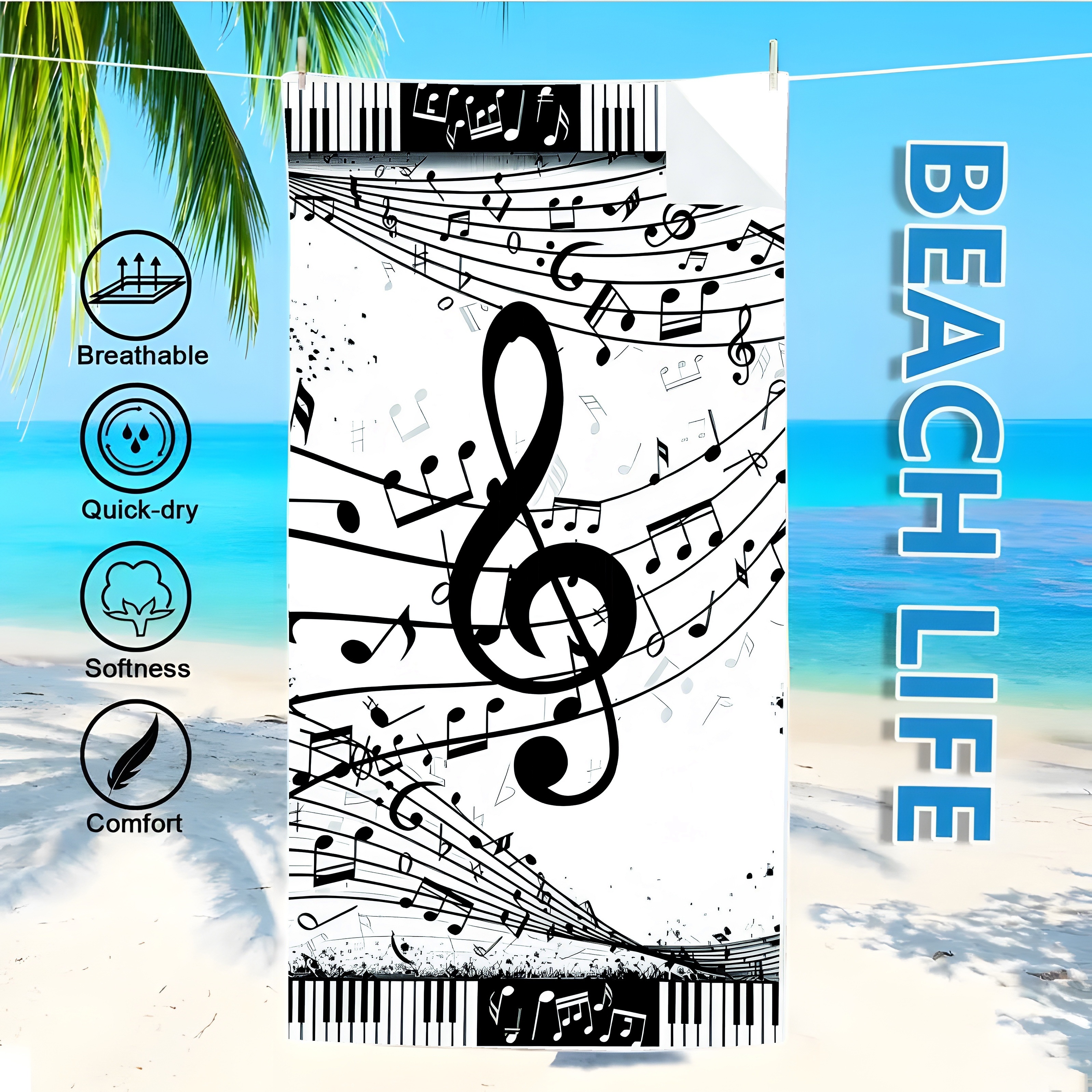 Image of 1pc, Music Windproof Beach Towel - Quick-drying Mesh Design, Suitable For Sports, Travel, Swimming, Yoga, Etc., 71 X Inches