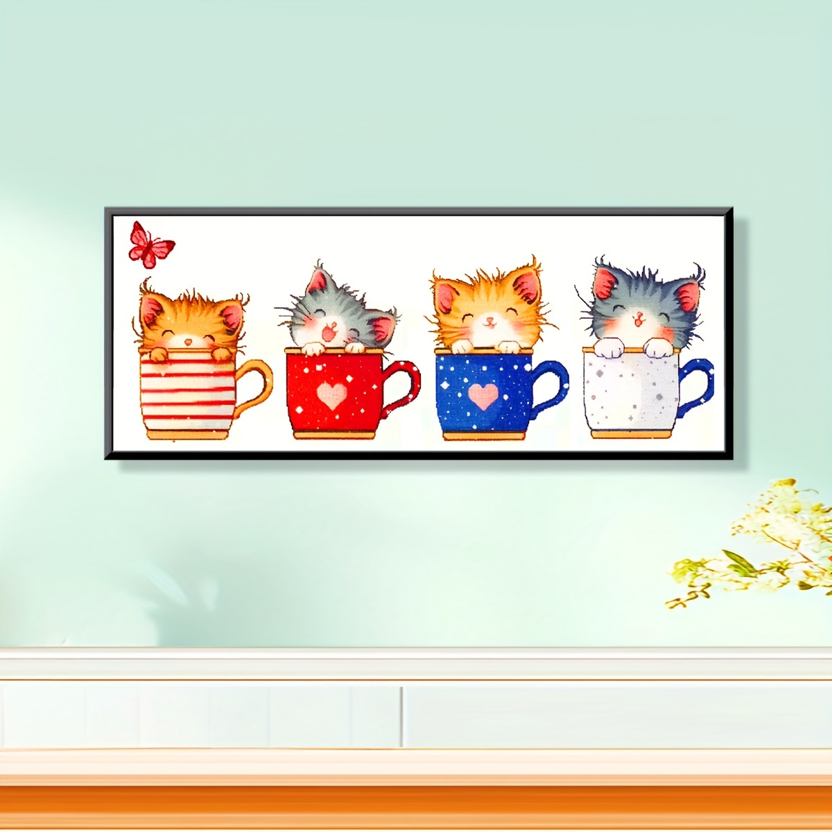 Image of Cat Hide In Cup Stitch Kit - 14.6x6.7" Easy-to- Pre-printed Pattern, Complete Embroidery Set For Beginners With Threads & Needles, 11ct, Full Series, Girl Crafts, Domestic Cat Theme