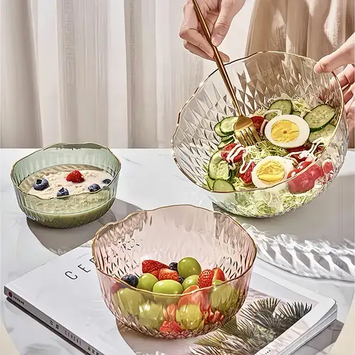 Transparente goldgerahmte Obstschale, Obstkorb, Obstteller, Mehrzweck-Schalen-Set aus PET-Kunststoff, neuartige Schale, Obst- Gemüsesalatschüssel, Salatteller, Suppenschüssel, Obstteller für leichte