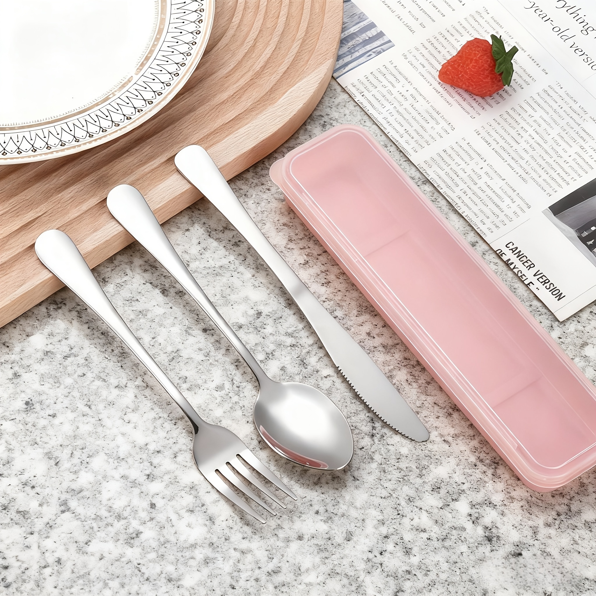 TEMU 3pcs Elegant Stainless Steel Cutlery Set - Steak Knife, Fork, Spoon With Transparent Case - Rust-resistant And Portable, Suitable For Bbq,