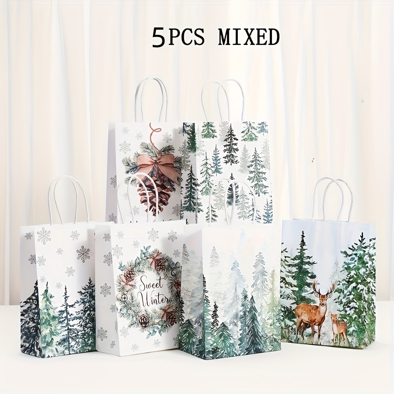 E-shop Winterwunderland Geschenktüten - Weiß mit Kranzen, Hirschen, Schneeflocken & Bäumen Design für Weihnachten, Hanukkah, Hochzeiten & Geburtstage