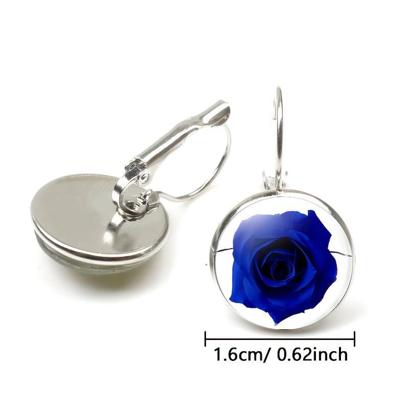 2pc Exquisite White Round Glass Inlaid Earrings with Blue Rose Petal Design
