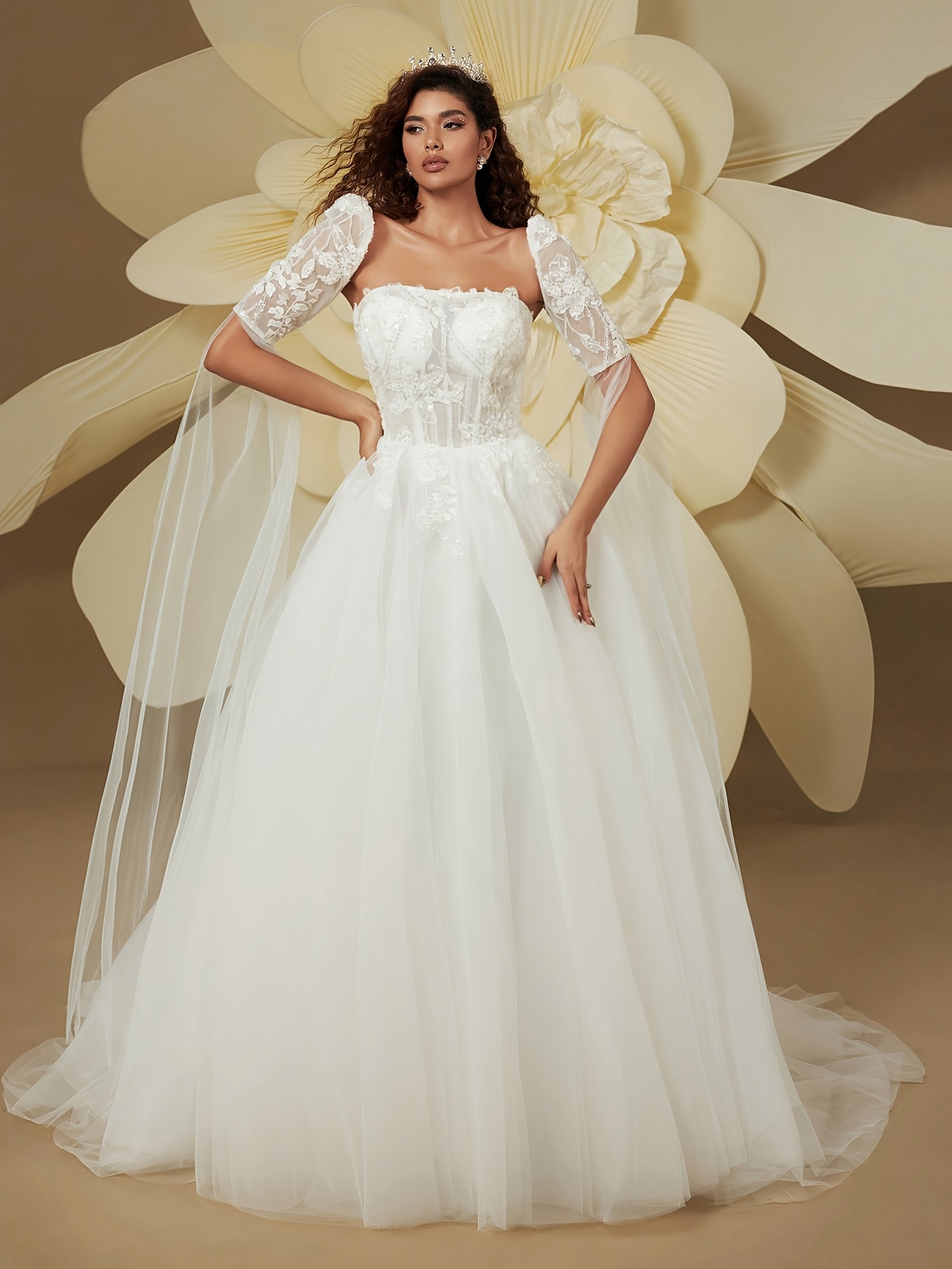 green emerald velvet dress Fit-And-Flare Long White Wedding Dress with Low V-Neck Off White / Medium main image 0