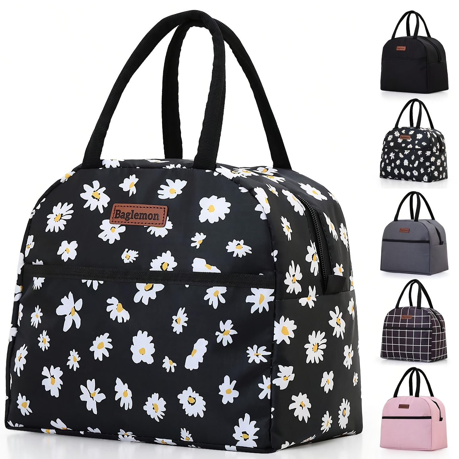 

Insulated Lunch Bag, Daisy Print Oxford Polyester, Reusable High Capacity Lunch Tote With Smooth Zipper, Front Pocket, Handles For Work, Picnic - Theme Square Shape