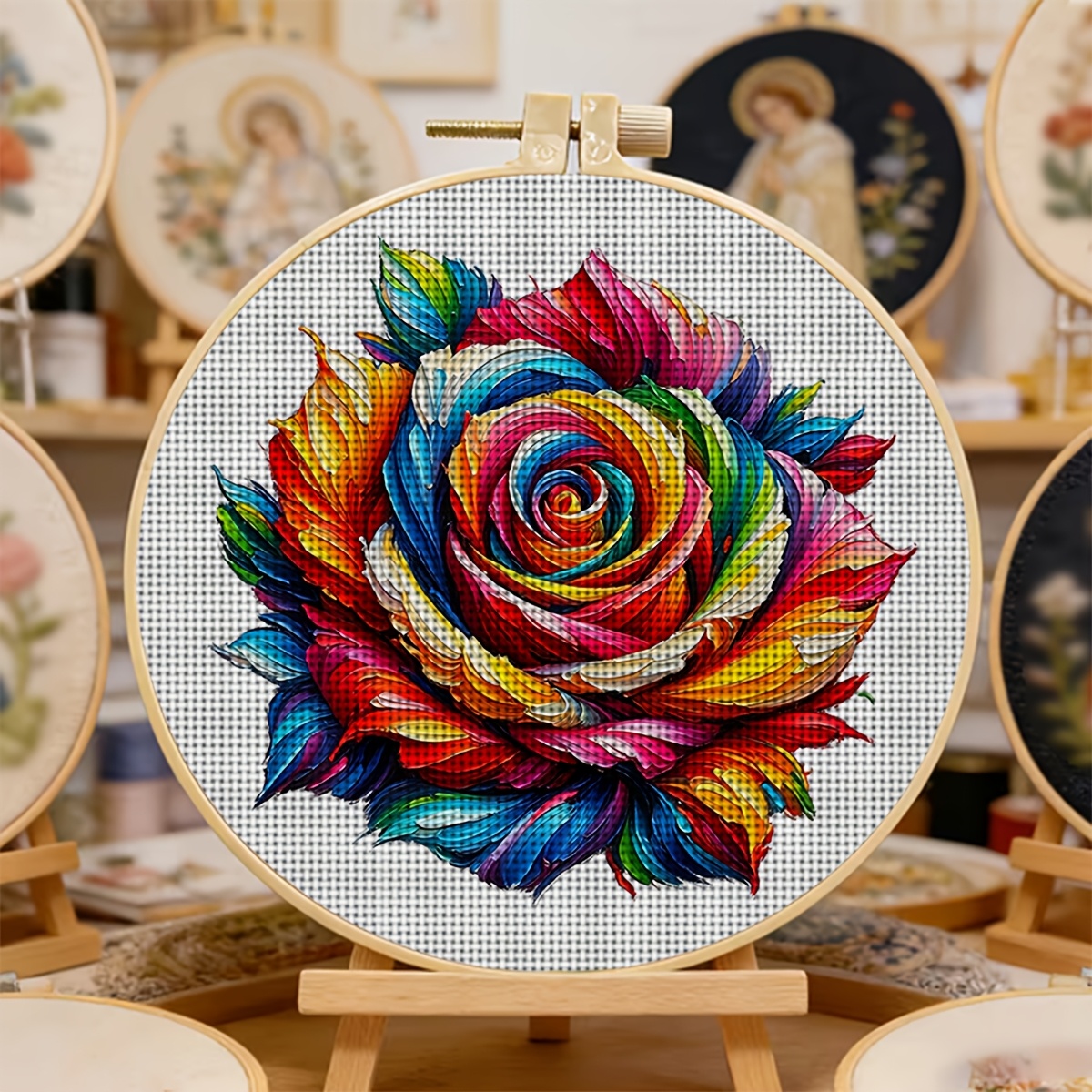 Round Cross Stitch Printed Kit with Hoop, "Rainbow-Colored Artistic Rose" Pattern