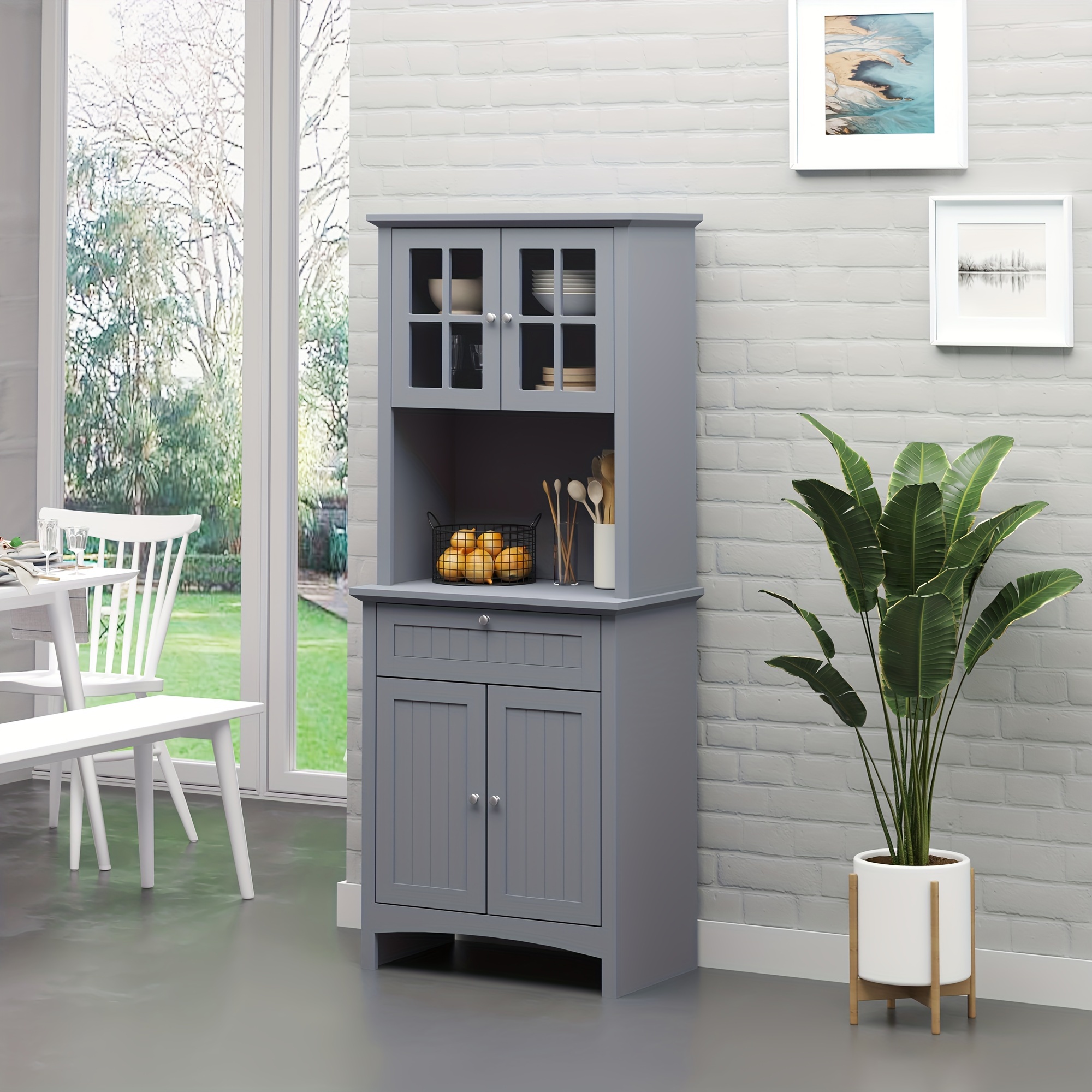 

Homcom Elegant Buffet With Hutch, Kitchen Pantry Storage Cabinet With Framed Glass Door Drawer And Microwave Space, Grey