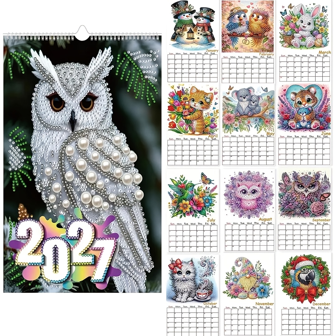 TEMU 2027 Diy Diamond Painting Calendar Set, Holiday Reminder Pattern Desk Calendar With Irregular Shaped Diamonds, Owl Cover Long Strip Wall Hanging
