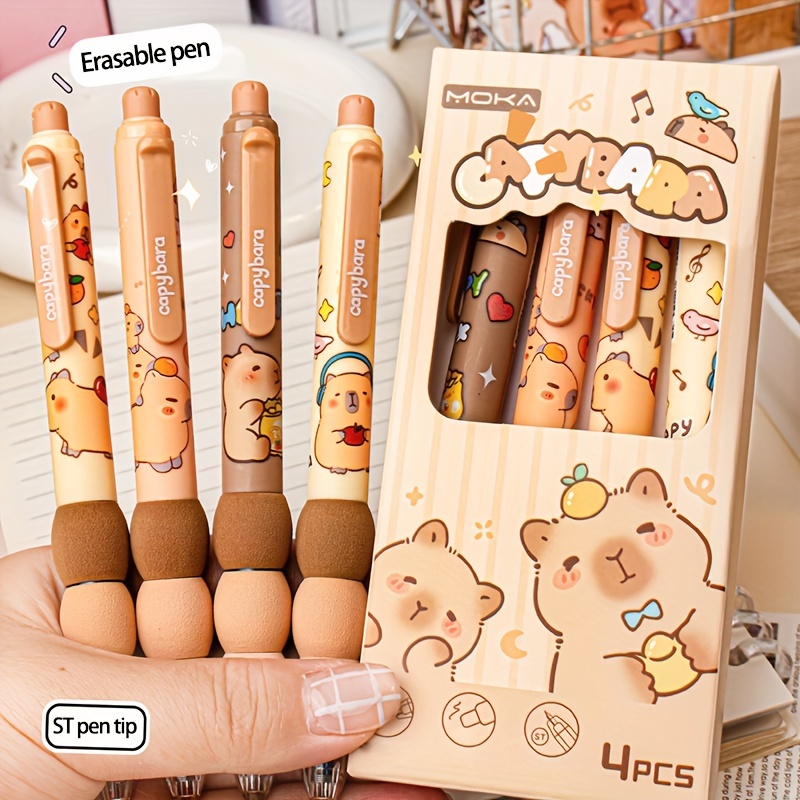 

Capybara-themed Gel Ink Rollerball Pens, 4-pack Retractable Medium Point 0.5mm, Erasable Blue Ink With Comfort Grip And Cute Animal Designs