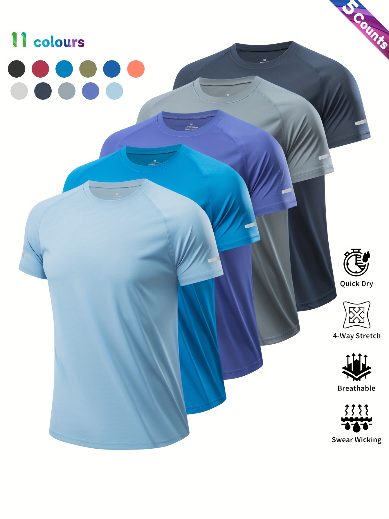 5pcs mens casual athletic t shirts breathable polyester quick dry moisture wicking reflective shoulder design for gym cycling running fishing basketball lightweight 11 colors gym shirts knit
