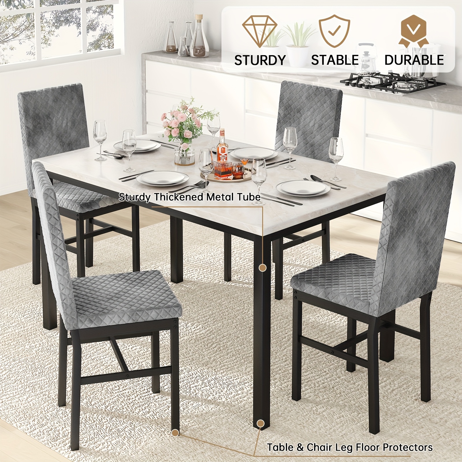 Dining Table Set For 4, Faux Marble Small Dining Room Table Set For 4, Modern Upholstered PU Leather Chairs