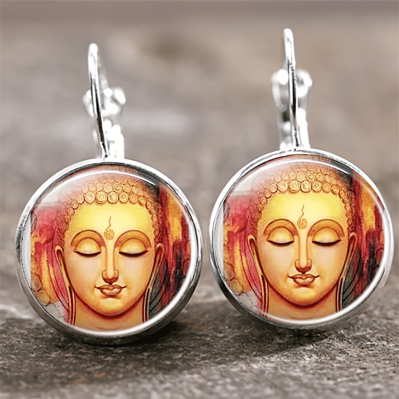 2pcs Buddha Meditation Round Glass-Inlaid Earrings Set