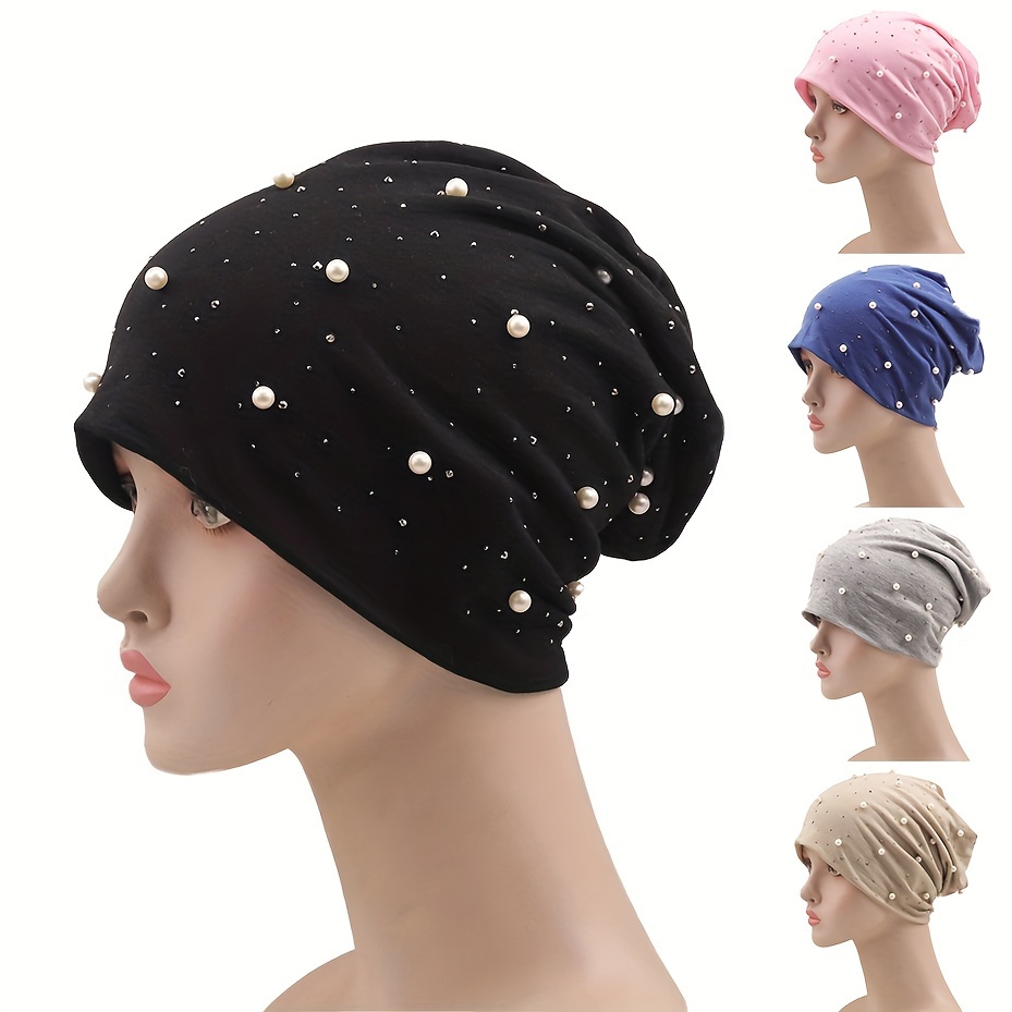 

Pearl Solid Color Beanie Hat Thin Lightweight Elasticity Rhinestones Beanie Hat Headgear Cap For Men Women