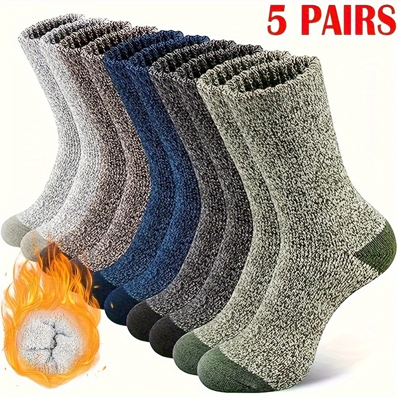 

5 Pairs Men's Winter Fleece-lined Socks, 100% Polyester Knit Fabric, Solid Color, Warm Comfortable Hiking Outdoor Socks