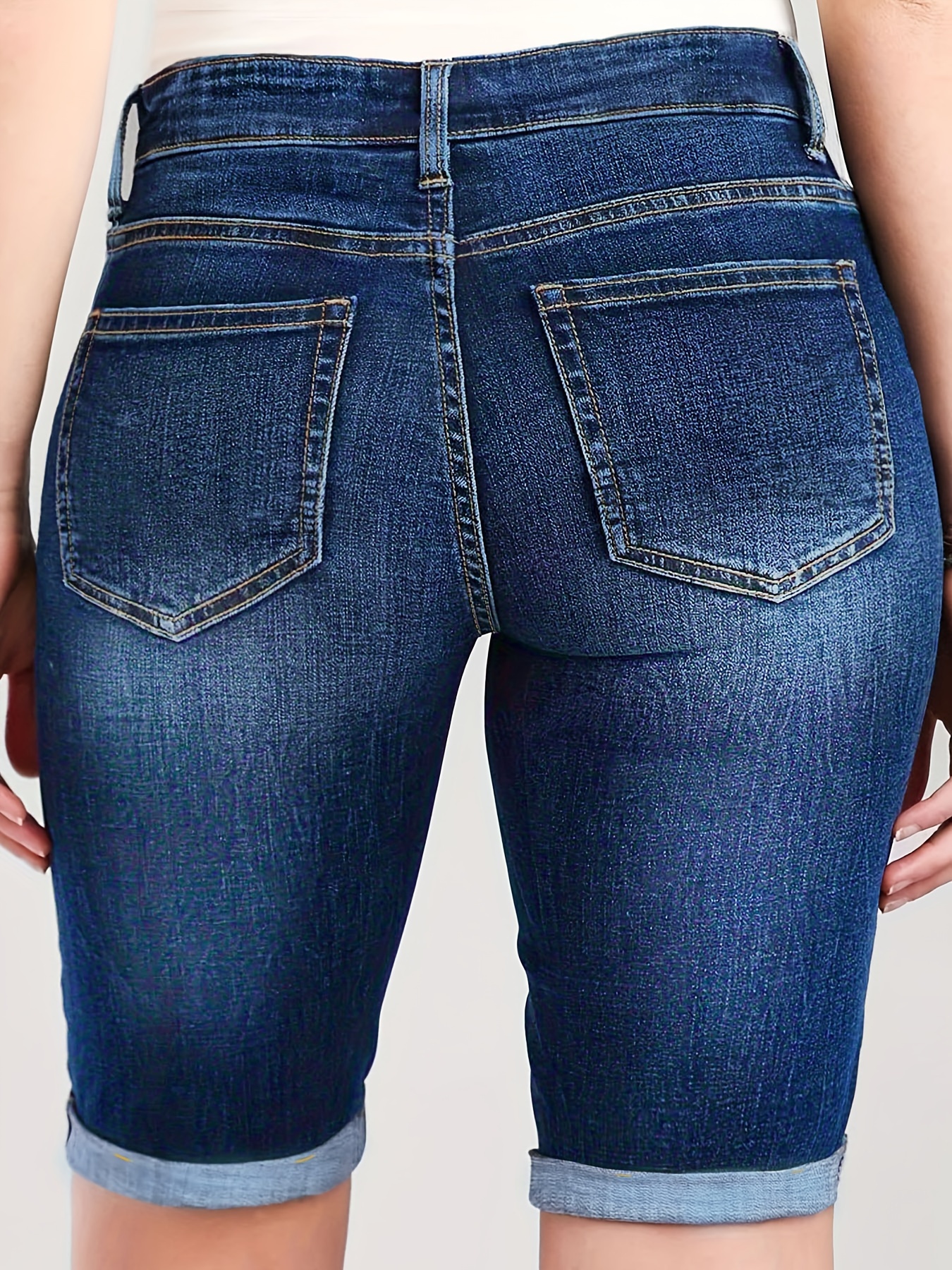 plus size whiskering plain washed blue cuffed hem high