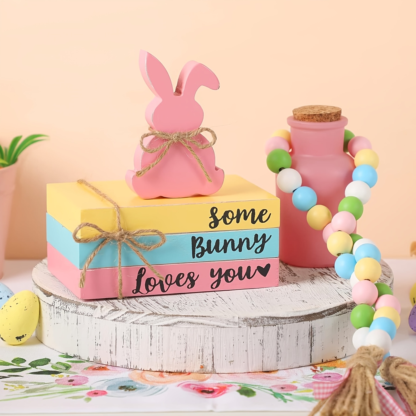 

Easter & Spring Decor Set - Rustic Wooden Tiered Tray With Bunny Figurine, Eggs & " Bunny You" Book Stack - Pastel Beaded Garland Accent For Home & Party Tabletop Display