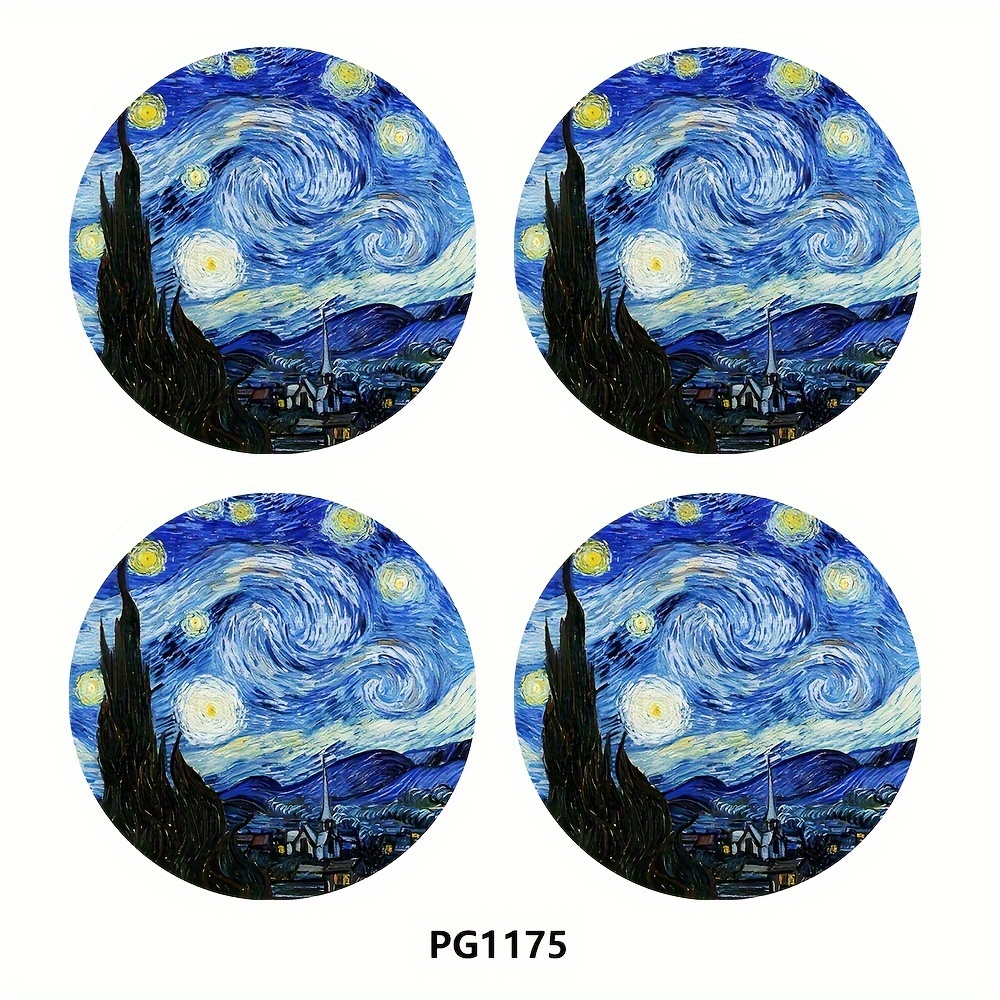 TEMU 4pcs Van Art Car Coaster, 2.75-inch Round Pu Leather Decorative Car Coaster, Home And Car Water Cup Mat - Beverage Mat, Men's And Women' Interior Accessories - Van Starry Sky Decorative Coaster