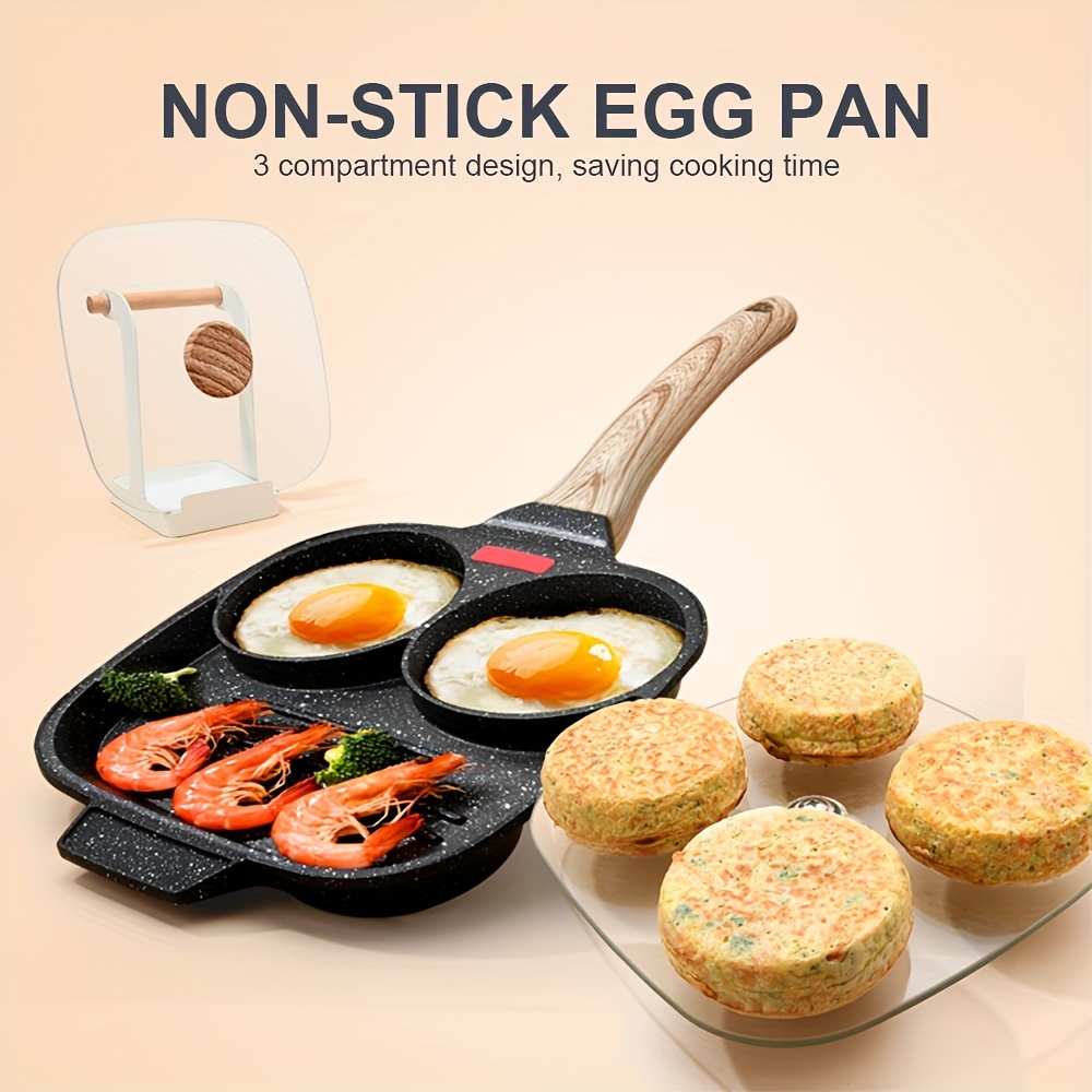 

8.3 Inch Egg Frying Pan, Grill Pan, Fried Egg Pan With Lid Nonstick 3 Section Pancake Pan Divided Pan For Breakfast, Gas & Induction Compatible