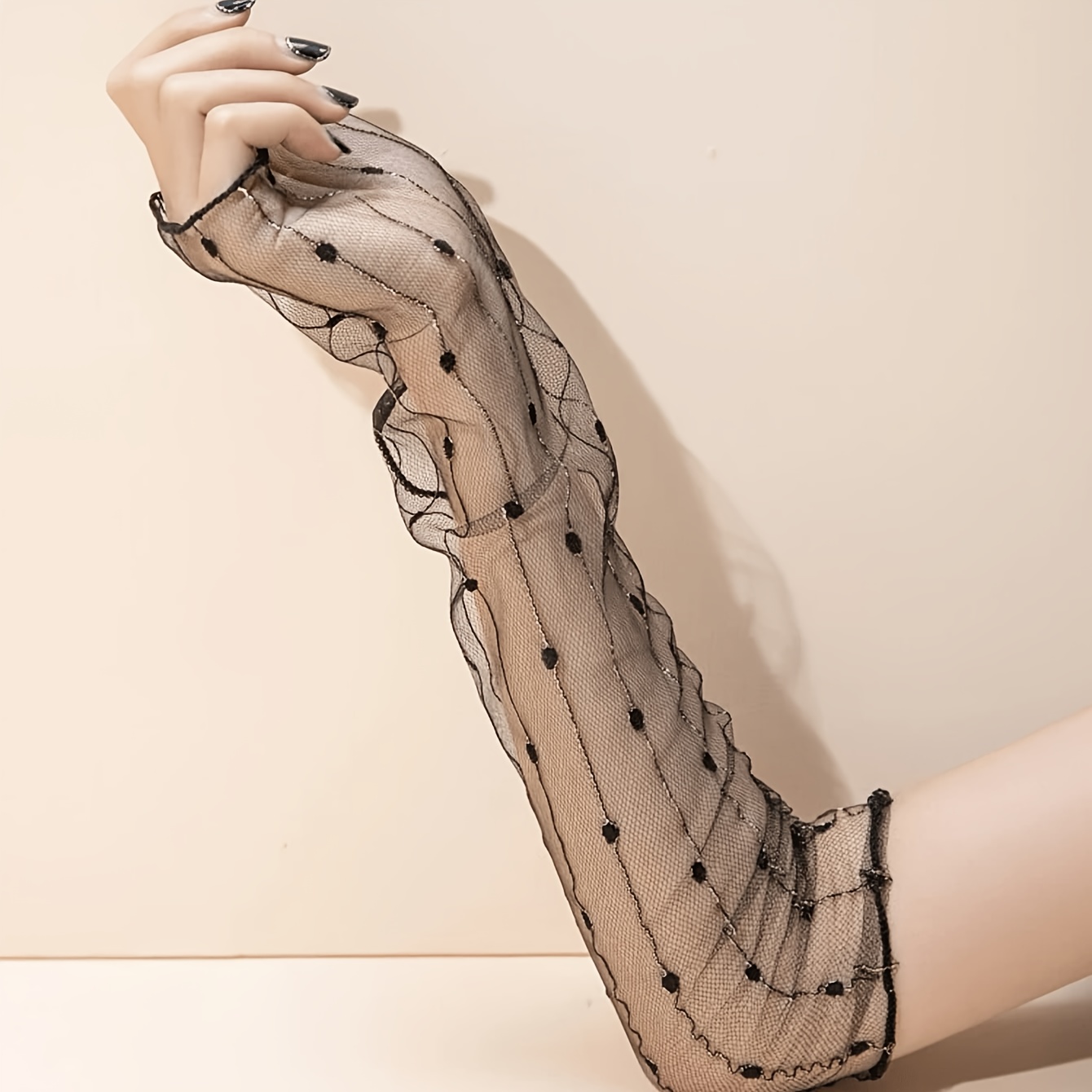 Women's Long Gloves with Polka Dot Patterns and Lace Sleeves