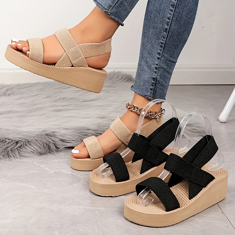 

Women's Summer Wedge Sandals - Casual Open Toe With Straps, Comfortable Beach Platform Shoes, And Black Fabric Upper, Ladies Sandals