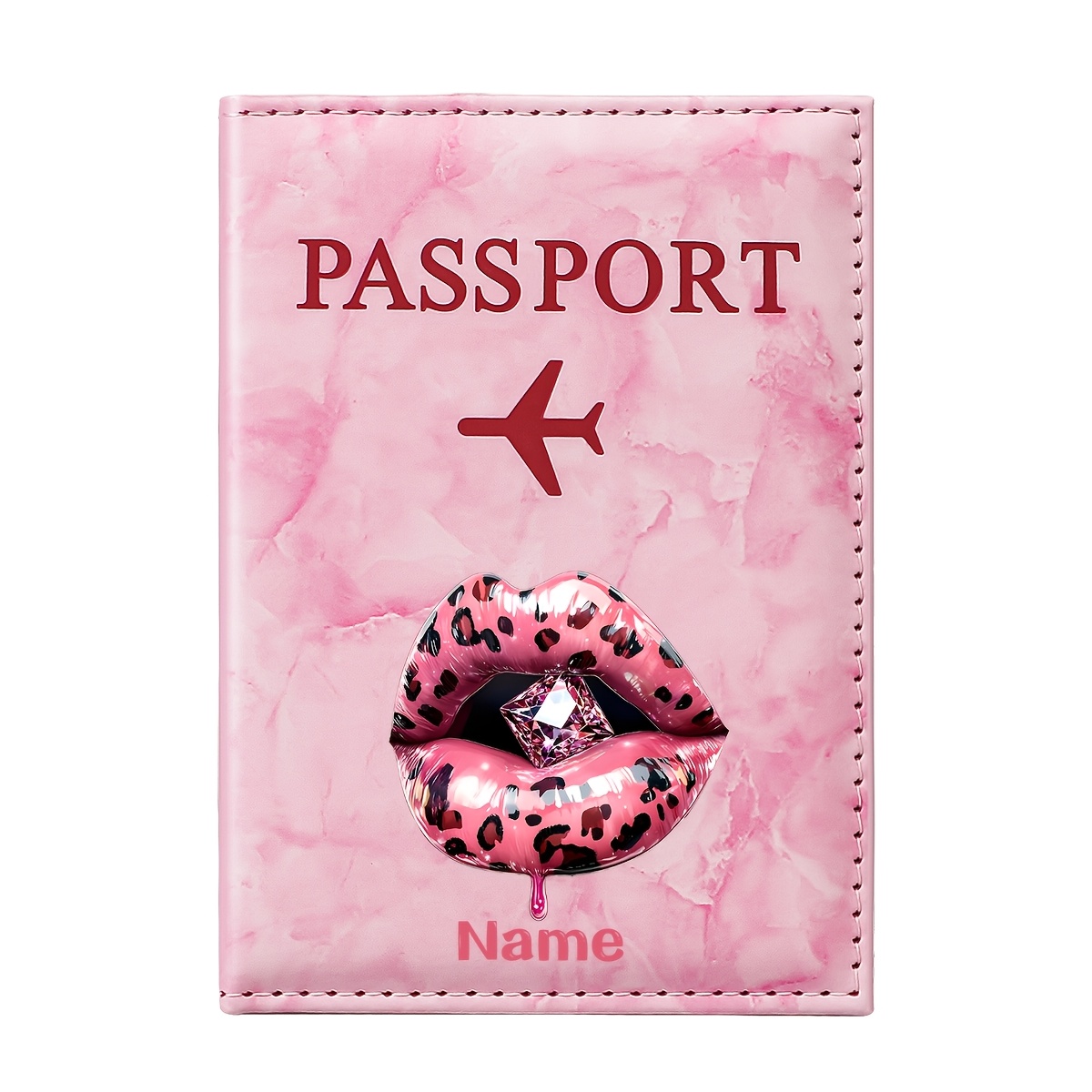 TEMU 1 pièce Housse de passeport personnalisée en PU avec motif de lèvres et imprimé léopard rose | Éléments géométriques de diamant , plusieurs
