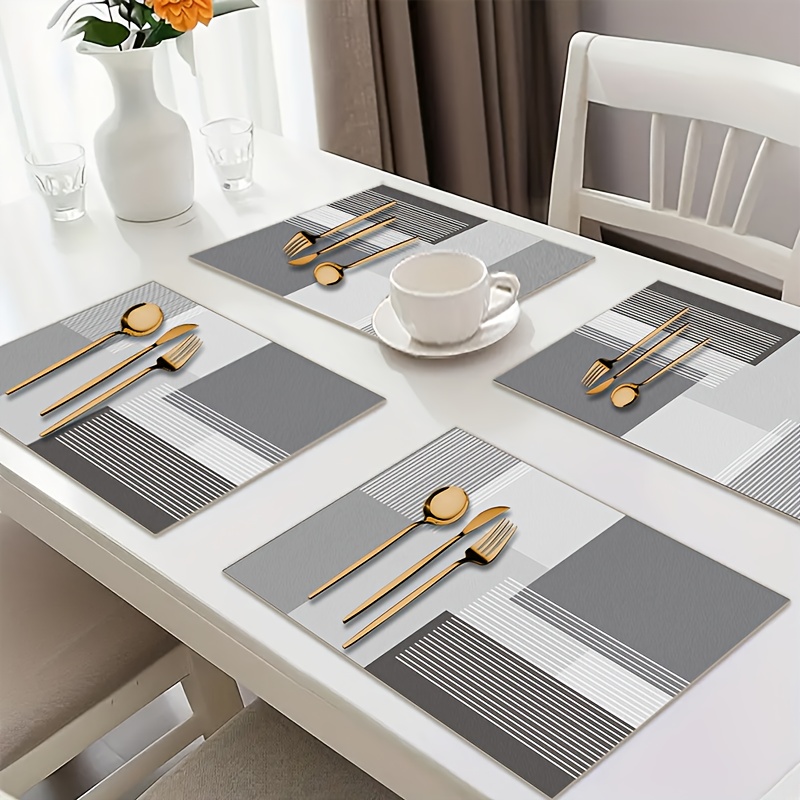 TEMU 4pcs Square Placemats Heat-resistant Vinyl Table Mats With Elegant Grey & White & Golden Cutlery Design - 29.97x45.01cm Kitchen Dining Mats For