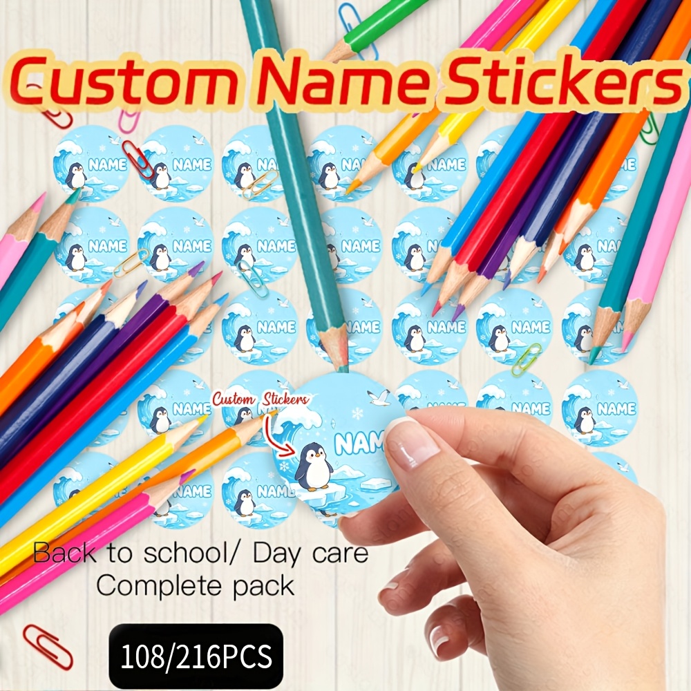 108/216pcs Personalized Penguin and Ocean Wave Name Stickers