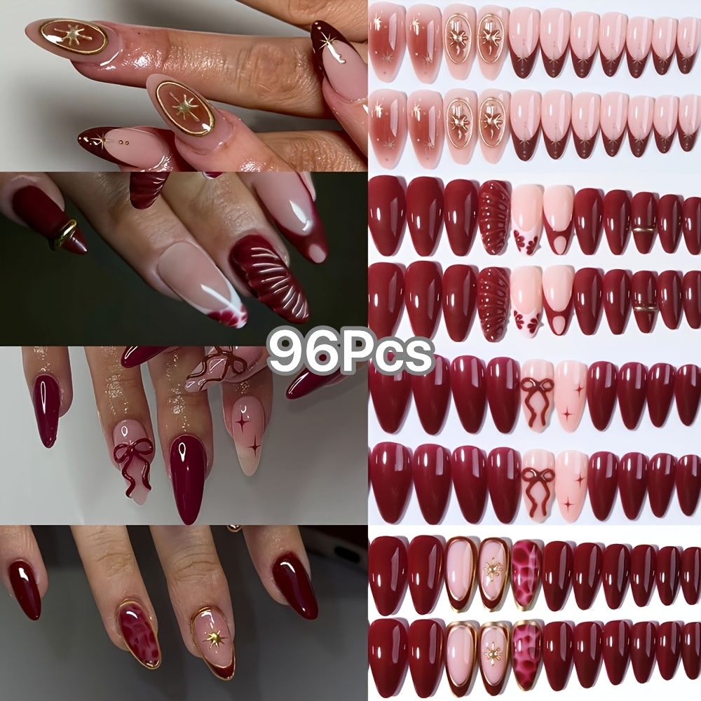 TEMU 96pcs Wine Almond Press-on Nails, Starburst , Ribbed Texture, Bow And Leopard Print Designs With Nude Base, False Nails, Style For Dates,