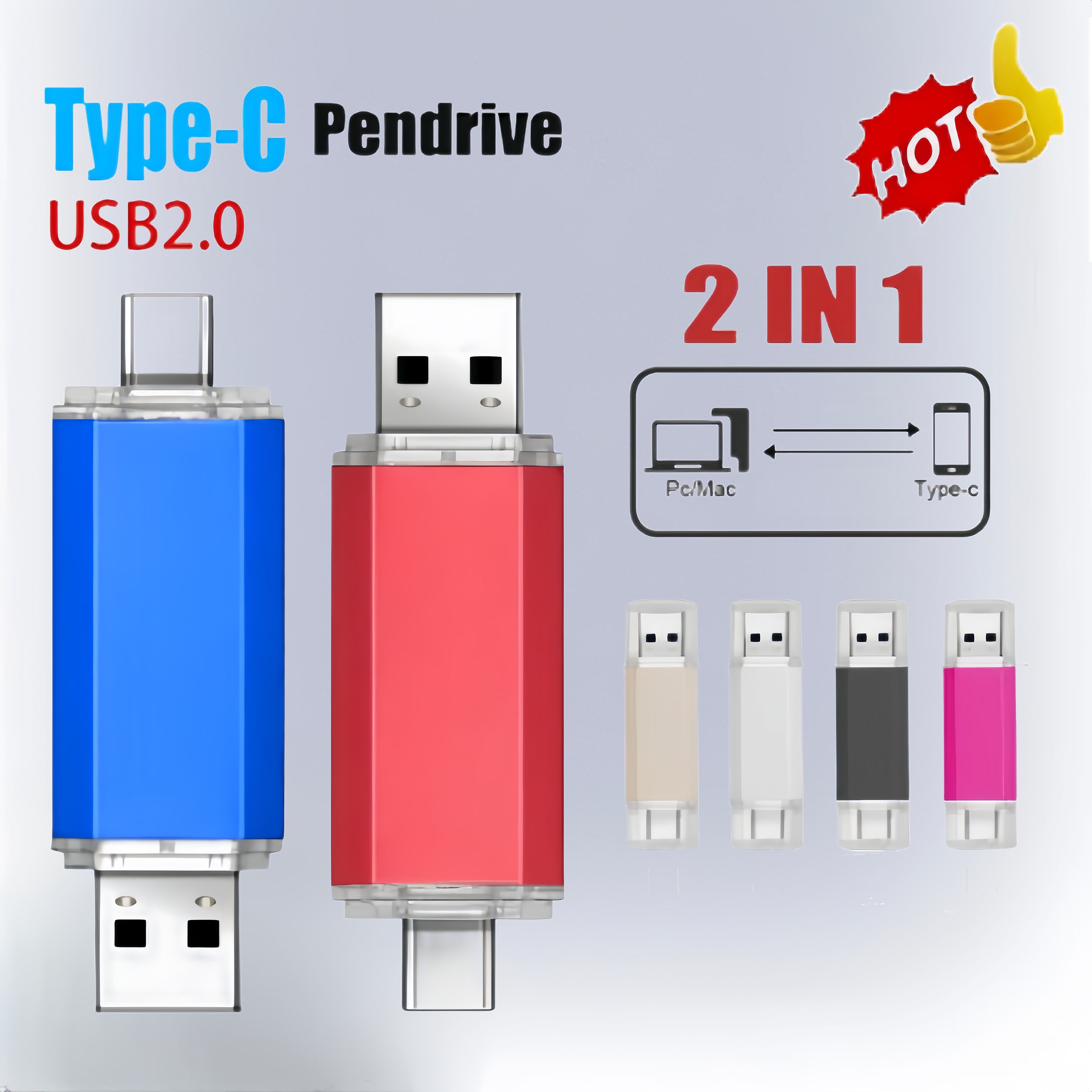 

1pc Clé USB 2.0 haute vitesse à double interface avec connecteur Type-C - 128 Mo/512 Mo/1024 Mo/2048 Mo, compatible avec les appareils , les , les PC et les Mac