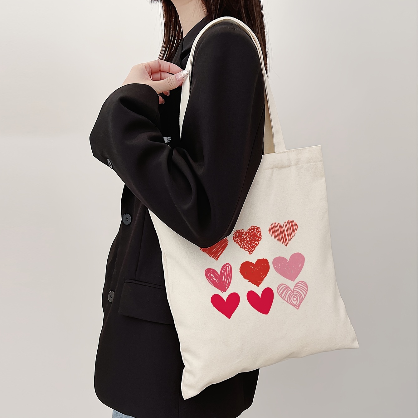 

Love Pattern Tote Bag, Aesthetic Canvas School Shoulder Bag, Lightweight Grocery Shopping Bag