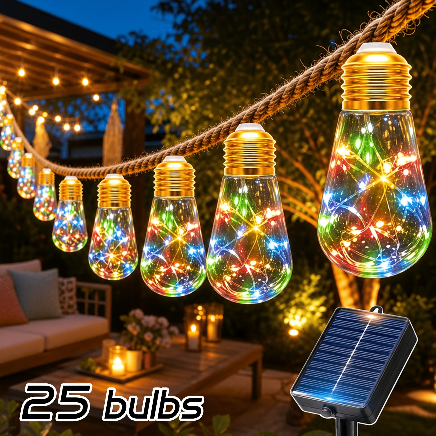 TEMU 1pc Solar Outdoor Garden String Lights, 25/10pcs Edison Retro Bulbs, 11.6/5.6m Ultra-long Jute Rope Lights, 12 Modes Lights, For Gardens,