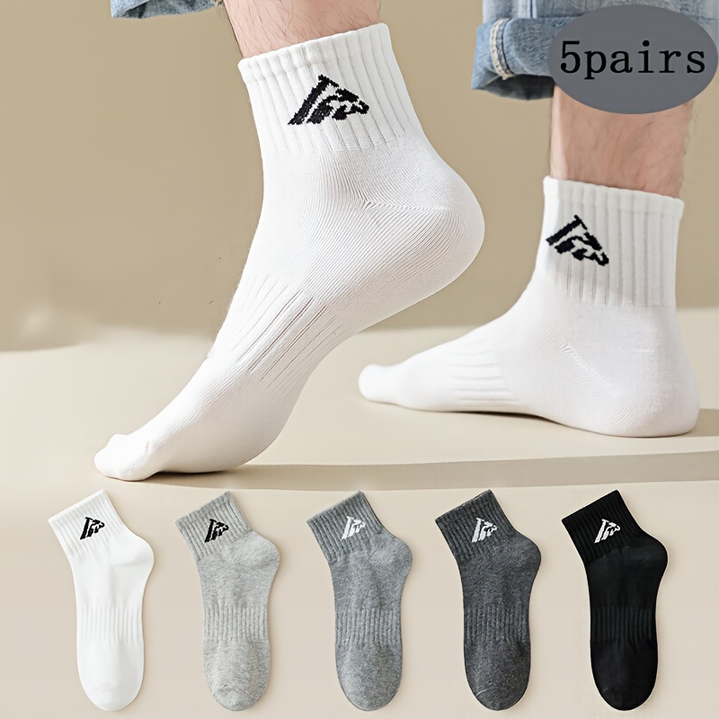 

Mountain Pattern 5 Pairs Solid Men's Crew Socks, Breathable Comfy Casual Socks Fashion Sports Socks For Basketball Running