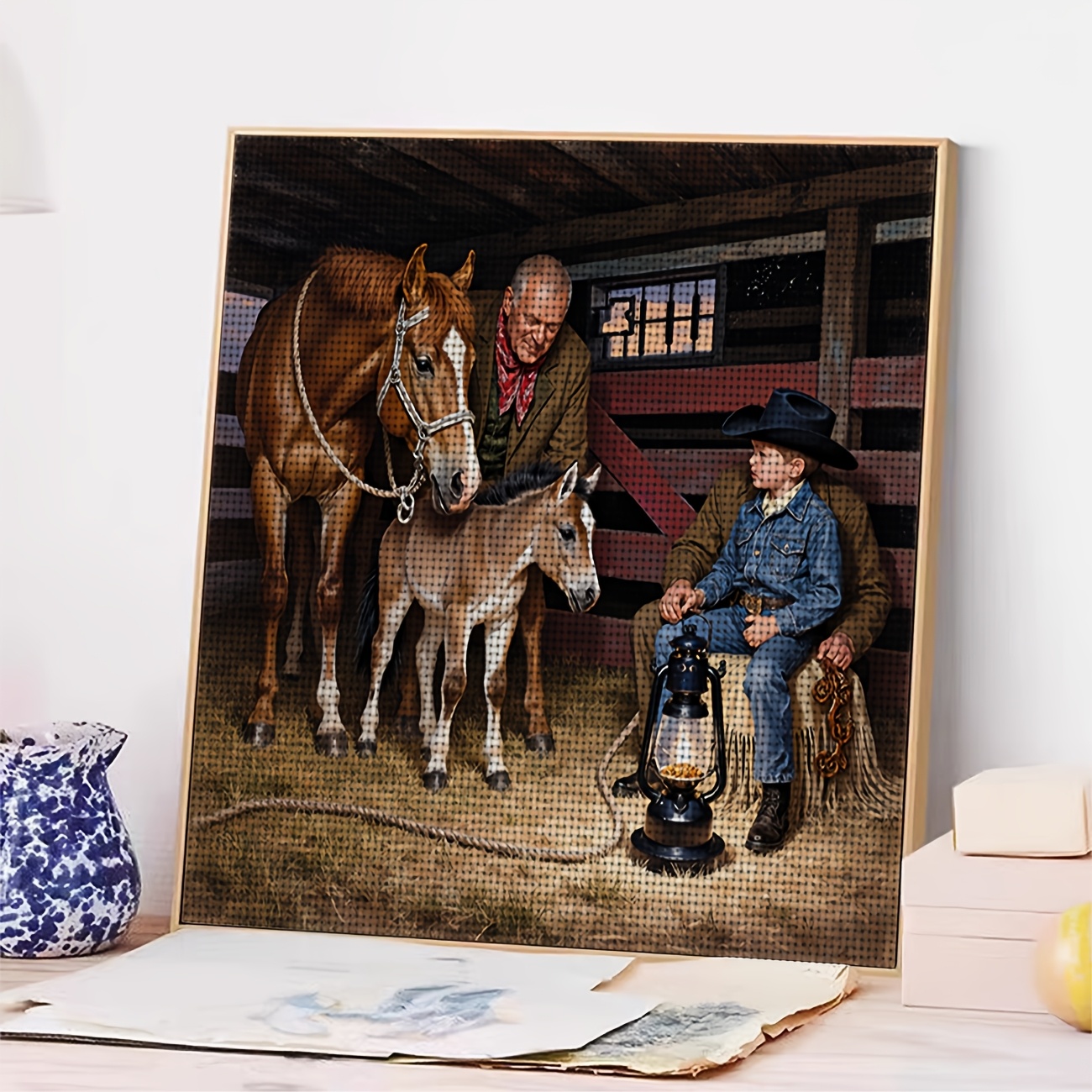 DIY Cross-Stitch Printed Kit with Elderly Man and Foal Design
