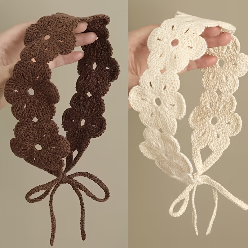 E-shop 2er-Set einfarbiges Stirnband, gehäkelte Blumen-Haarverzierungen, Damen-Stirnband, Bohemian einfarbiges Blumen-Stirnband, Damenmode-Haarband,