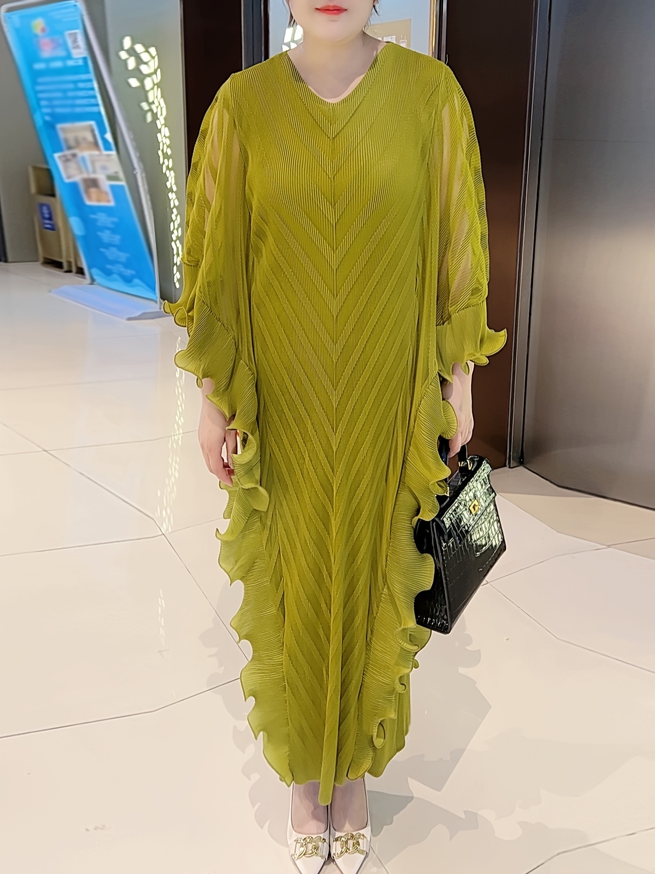 Plus Size Elegant Pleated Maxi Dress - White, Long Sleeve, V-Neck, Asymmetrical Hem, Petal Sleeve Design, Stylish and Comfortable for All Seasons, Allseason Dress|Elegant Pleated Dress|Stretchy Fabric