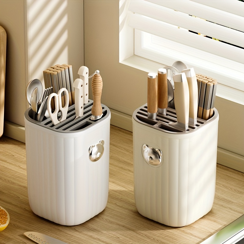 

1pc Fashion Style Plastic Kitchen Utensil Holder, Multi-functional Countertop Organizer For Knives, Chopsticks, Spoons - Hand Washable, No Paint