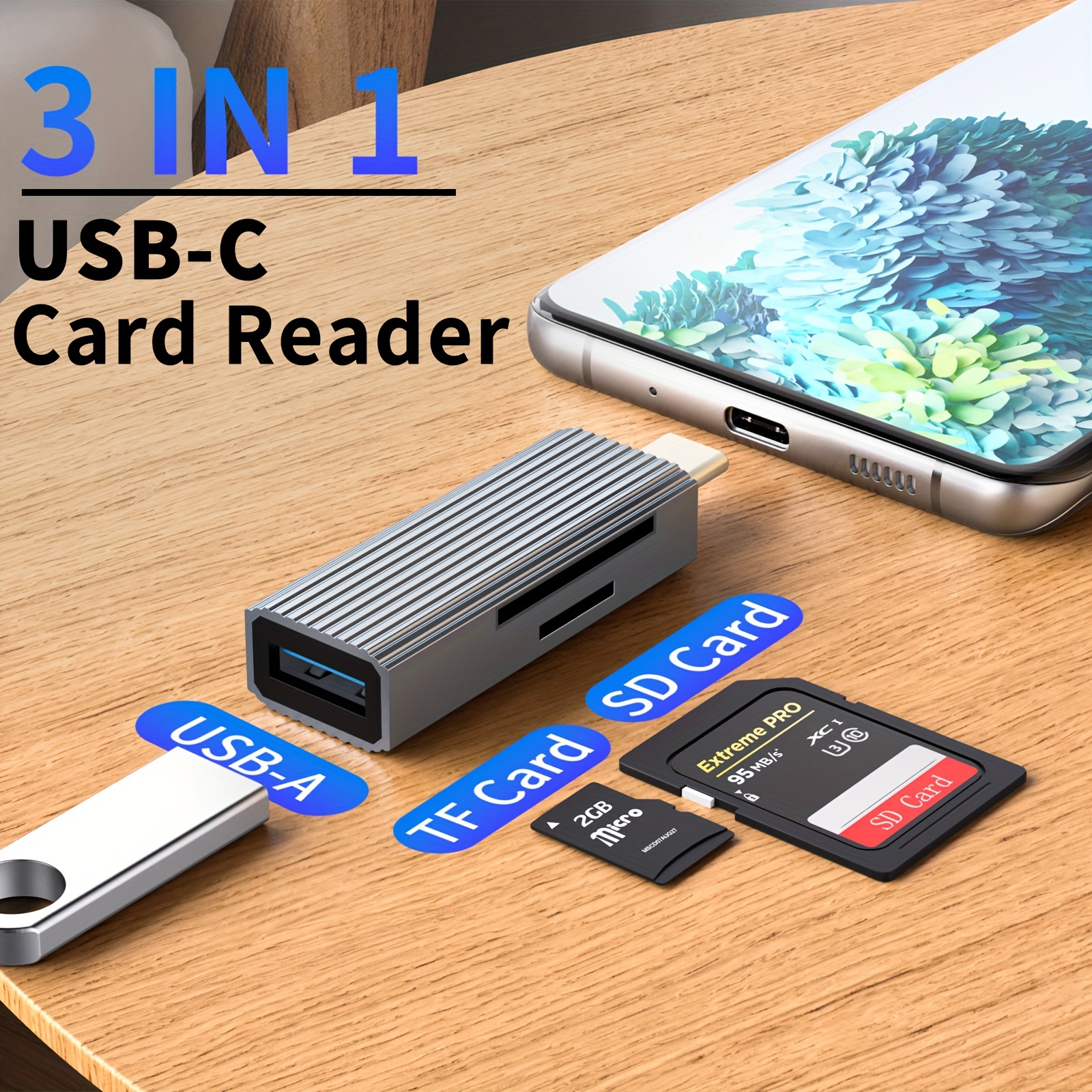3 en 1 USB 3.0 Lector de Tarjeta, USB C OTG 5Gbps Card Reader con USB