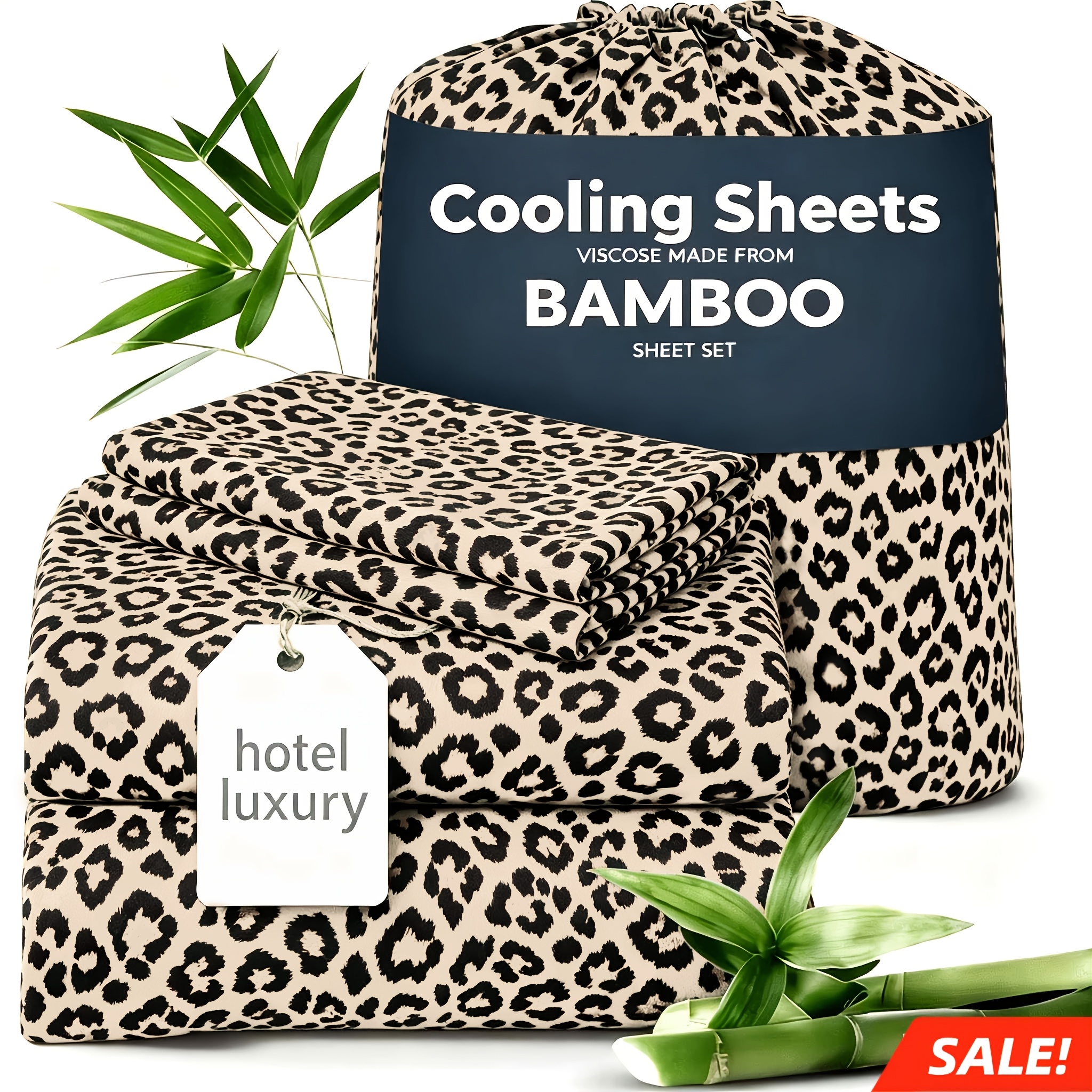 TEMU 4pcs Coffee Leopard Print Bamboo Fiber Bed Sheet Set - 16-inch Deep Sheet - Leopard Print - Luxurious And Soft, Hotel-style - Suitable For