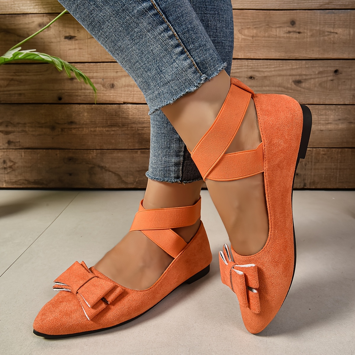 womens stylish orange ballet flats bow detail comfortable Temu