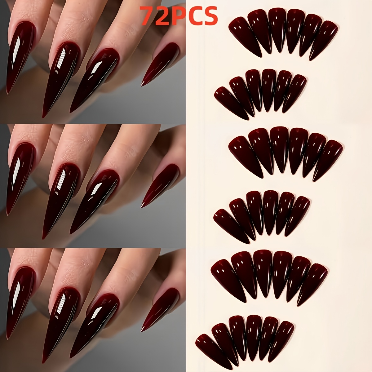 TEMU 72pcs Ultra-long Almond Pointed Tip Burgundy Press-on False Nails, Glossy Shiny False Nails, With 1pc Jelly Glue And 1pc Nail File, Easy
