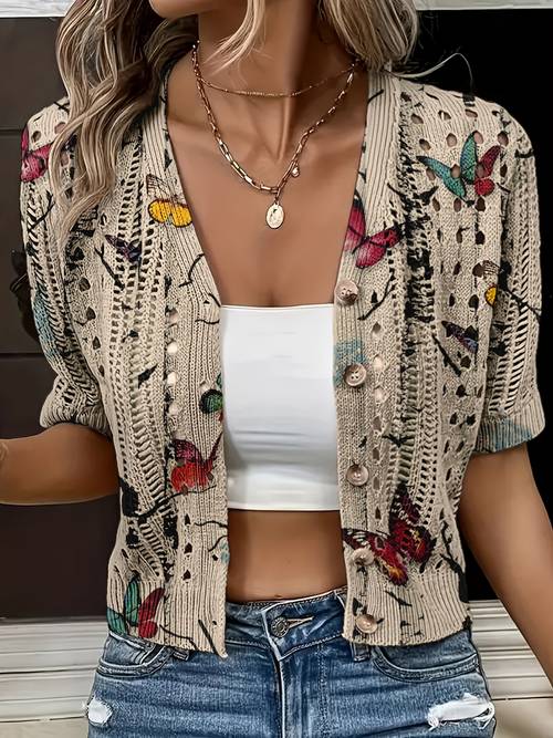 item picture bohemian style crochet look cardigan for women 3d openwork cardigan v neck short sleeve loose top spring summer lightweight breathable cover up vintage style outerwear