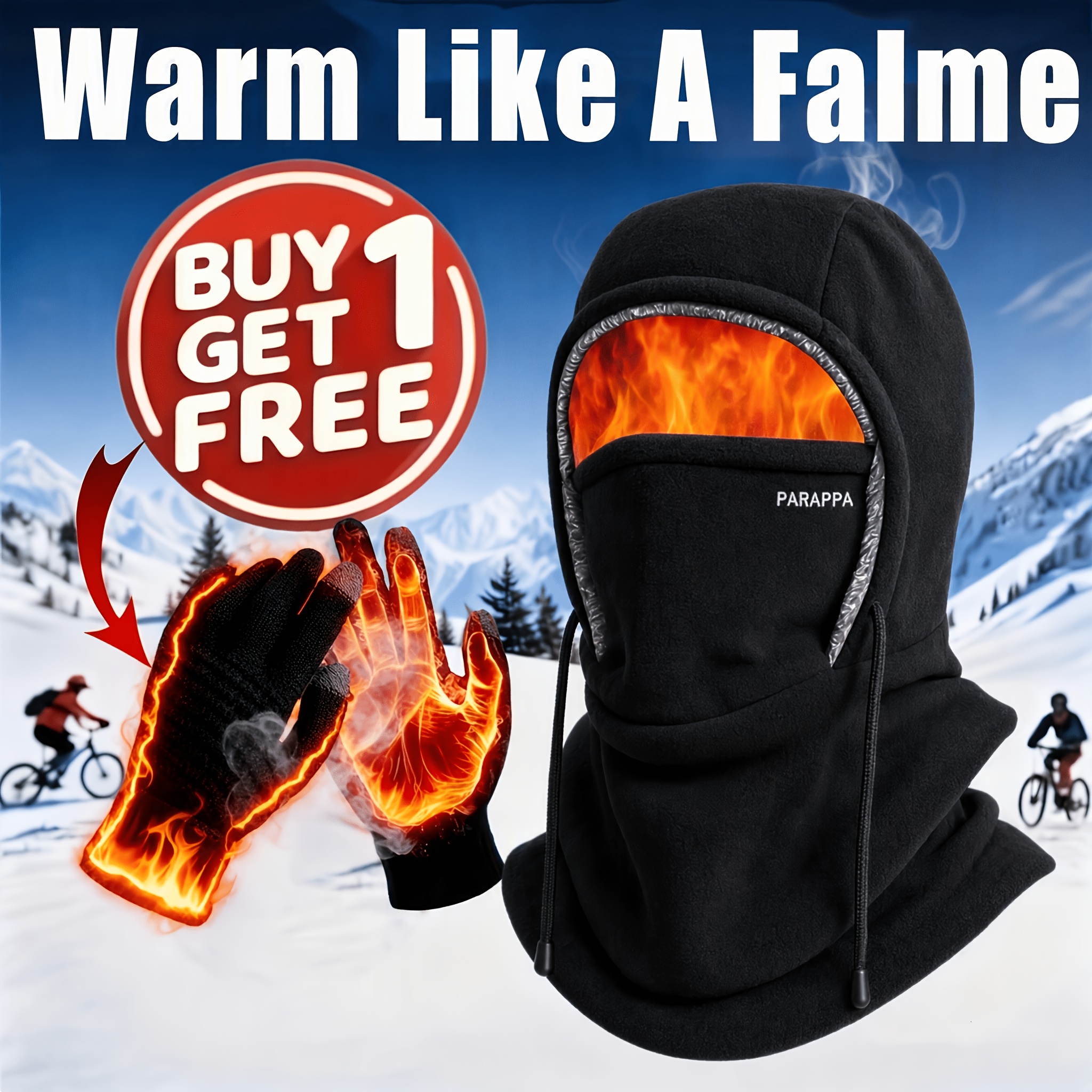 TEMU 2pcs Winter Thick Fleece Lined Ski Mask And Free Gloves Set, Unisex Full Face Windproof Hood With Soft Bohemian Plush Lining, Outdoor