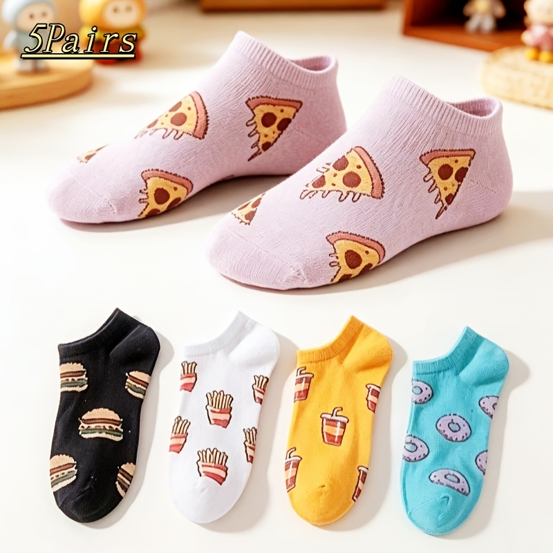 TEMU Juego de 5 de calcetines de corte para mujer con temática de comida - Colores de caramelo y estampados de pizza//hamburguesa/, calcetines cortos